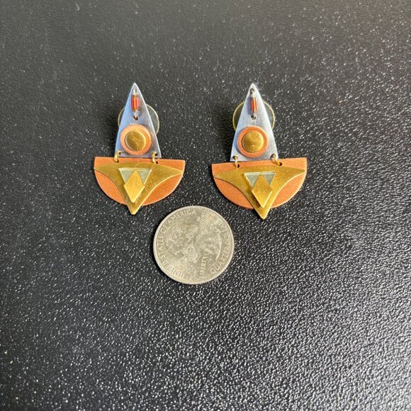 Art Deco Style Brushed Gold and Silver Earrings - Picture 2 of 4